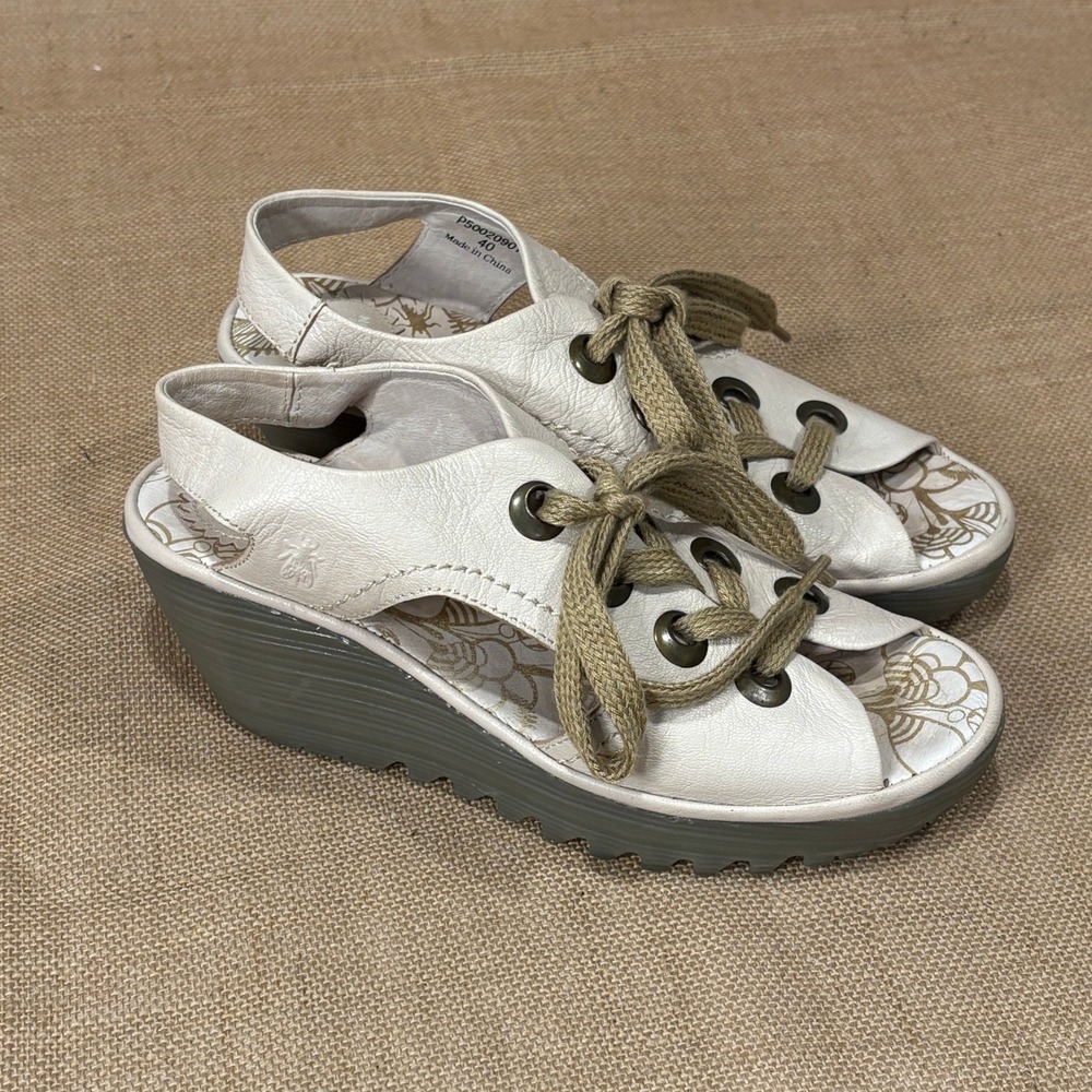 Fly London Ylfa Lace Up Peep Toe Wedges Womens 40 US 9 White Leather Slingback